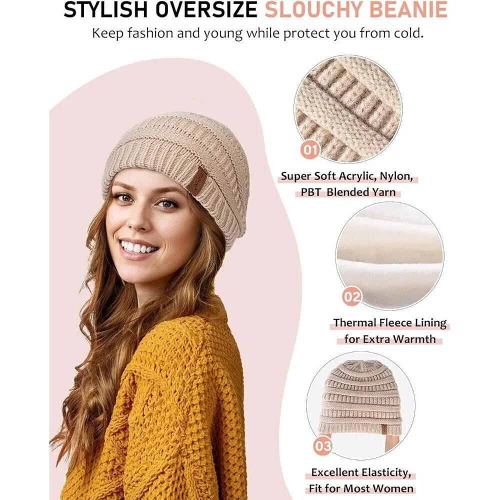 Women Winter Beanie Scarf Gloves Headband Set Knit Warm 4 Piece Gift White